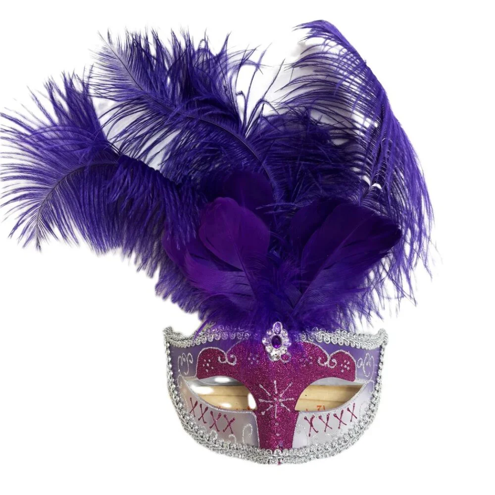 Mardi Gras Style Purple Silver Mask with Purple Ostrich Feathers EUC